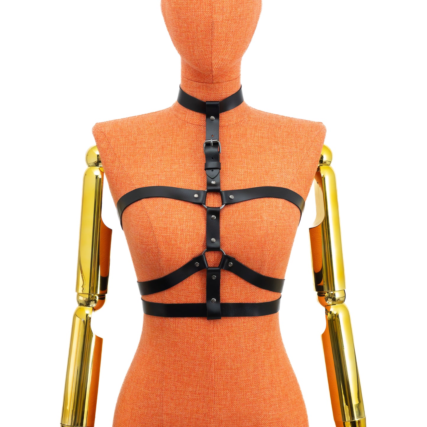 Black genuine leather triple strap chest harness on mannequin with dark nickel hardware, front view showing 3/4 inch (2 cm) choker, vertical strap with buckle, two rings and three horizontal straps positioned above the bust, below the bust and at the waist; leather thickness 3.5–4.5 oz (1.4–1.8 mm).