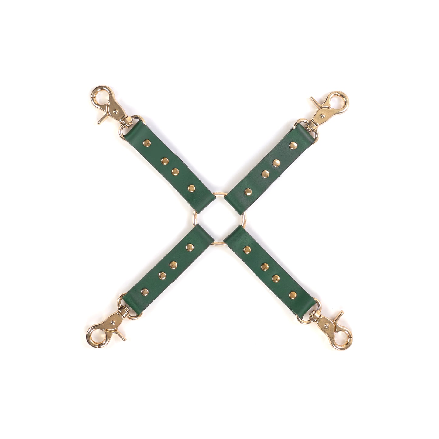 Leather four-way connector made of green genuine leather with a thickness of 0.06–0.063 inches (1.4–1.6 mm) and strap width of 0.79 inches (2 cm), photographed flat on a white background. The connector features four leather straps attached to a central metal ring, with gold metal carabiners on each end, all elements clearly visible from a top view.