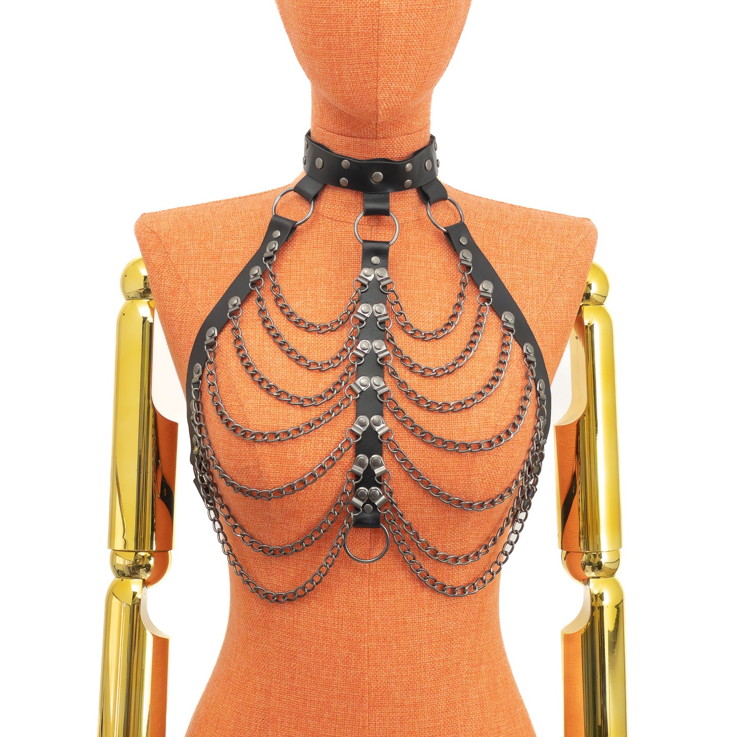 Front mannequin view of leather choker harness with seven horizontal chest chains, central vertical strap and symmetrical open chain structure across the bust; strap width 1 inch (2.5 cm) and 3/4 inch (2 cm), leather thickness 1.4–1.8 mm, dark nickel hardware.
