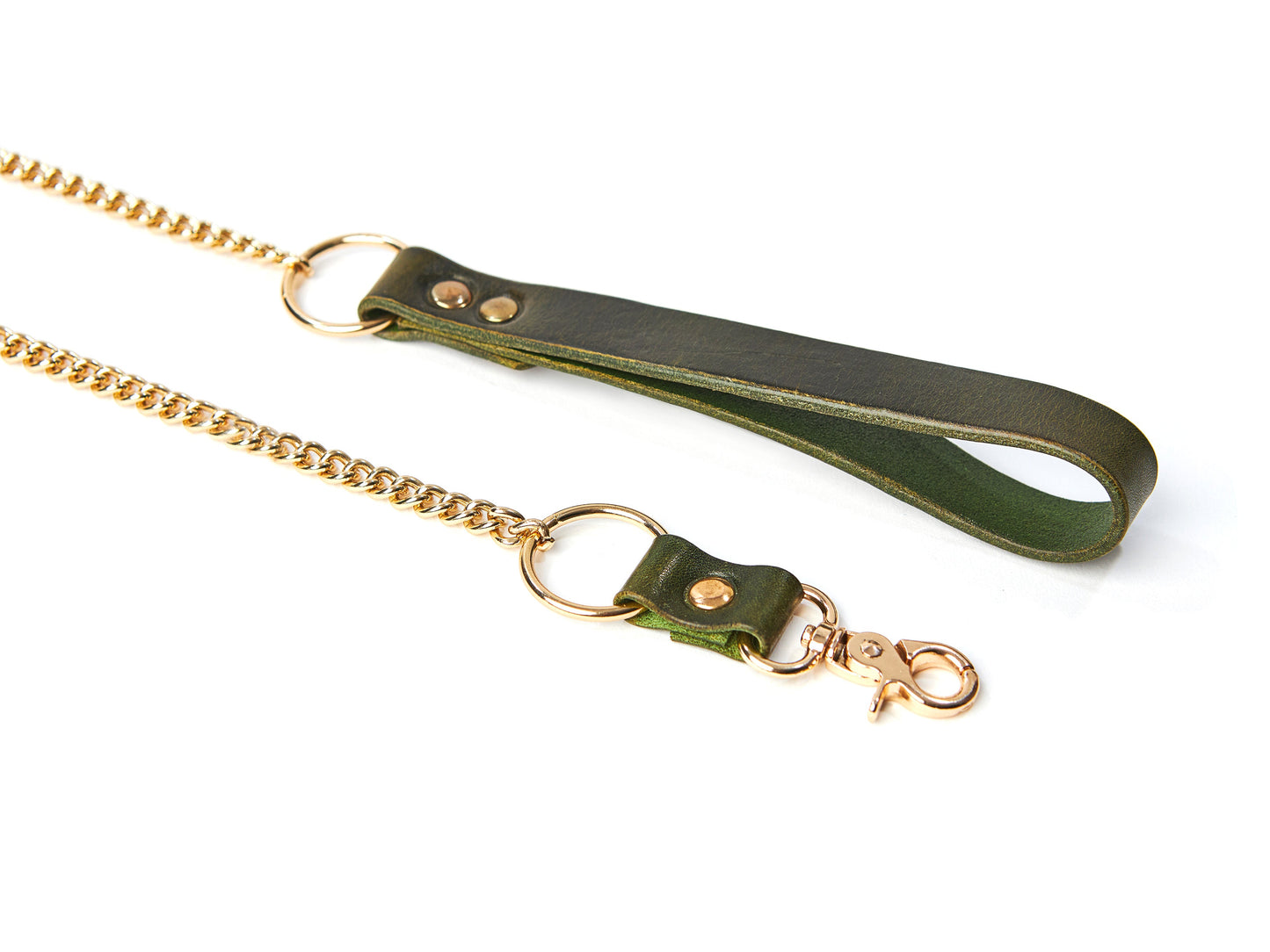 Green leather leash with gold chain and clasp on a white background