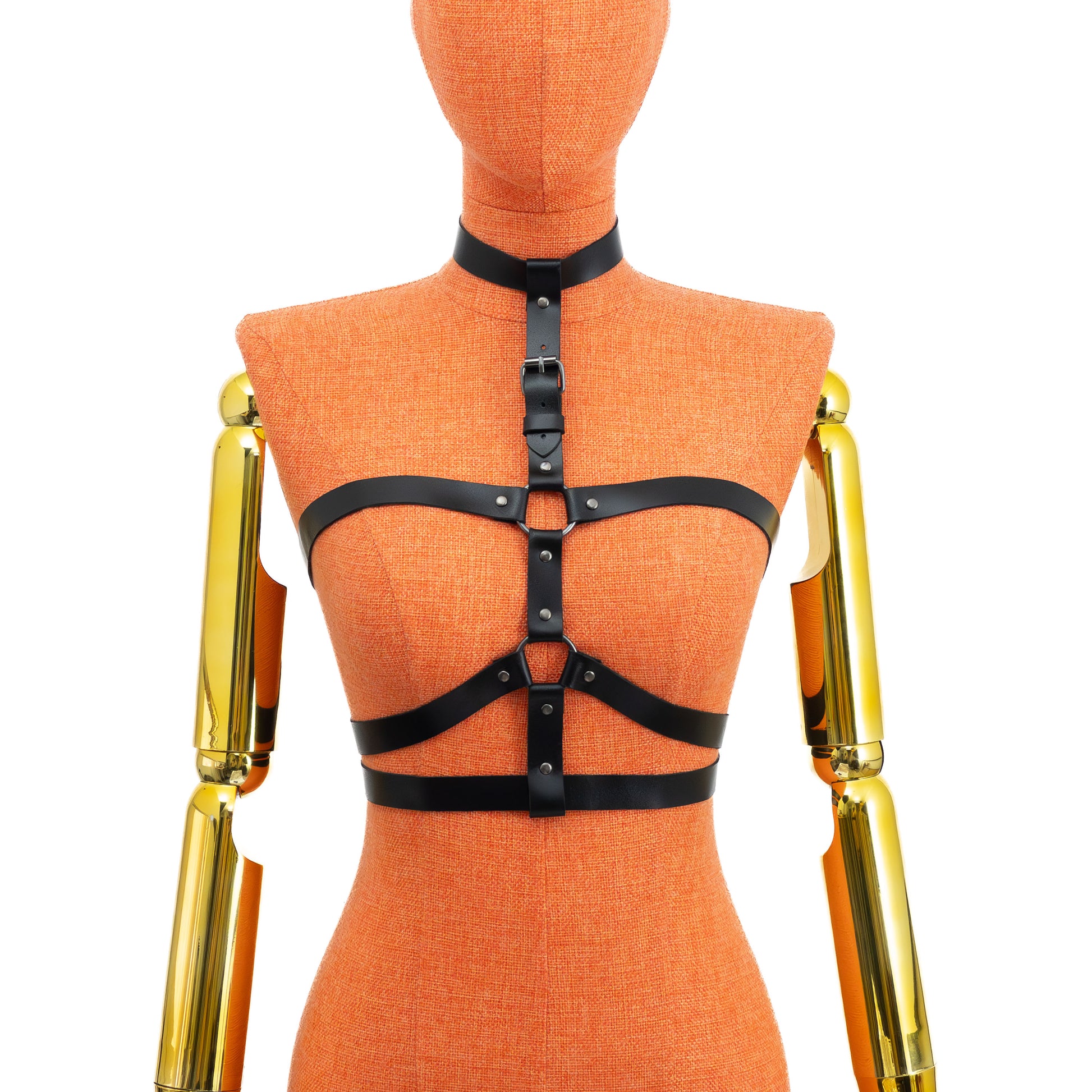Black genuine leather triple strap chest harness on mannequin with dark nickel hardware, front view showing 3/4 inch (2 cm) choker, vertical strap with buckle, two rings and three horizontal straps positioned above the bust, below the bust and at the waist; leather thickness 3.5–4.5 oz (1.4–1.8 mm).