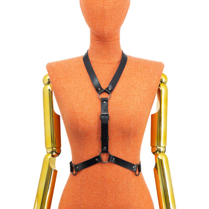 Front view of black leather choker waist harness displayed on mannequin, vertical strap linking neck ring to waist ring, two side straps extending outward from central ring; strap width 3/4 inch (20 mm), leather thickness 1.4–1.8 mm, metal hardware.