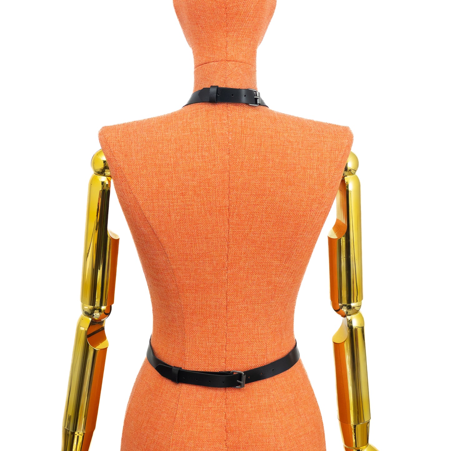 Back view of black leather choker waist harness on mannequin, buckle closure at neck and adjustable waist strap fastening at the back, side straps connected to hip rings; strap width 3/4 inch (20 mm), leather thickness 1.4–1.8 mm, metal hardware.