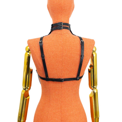 Diamond Pattern Leather Harness Choker with Underbust Chains on mannequin, front view, genuine black leather with dark nickel hardware, double collar, diamond strap structure across chest, small central ring between breasts, chains resting under bust; strap width 5/8 inch (15 mm), leather thickness 3–4 oz (1.4–1.8 mm).