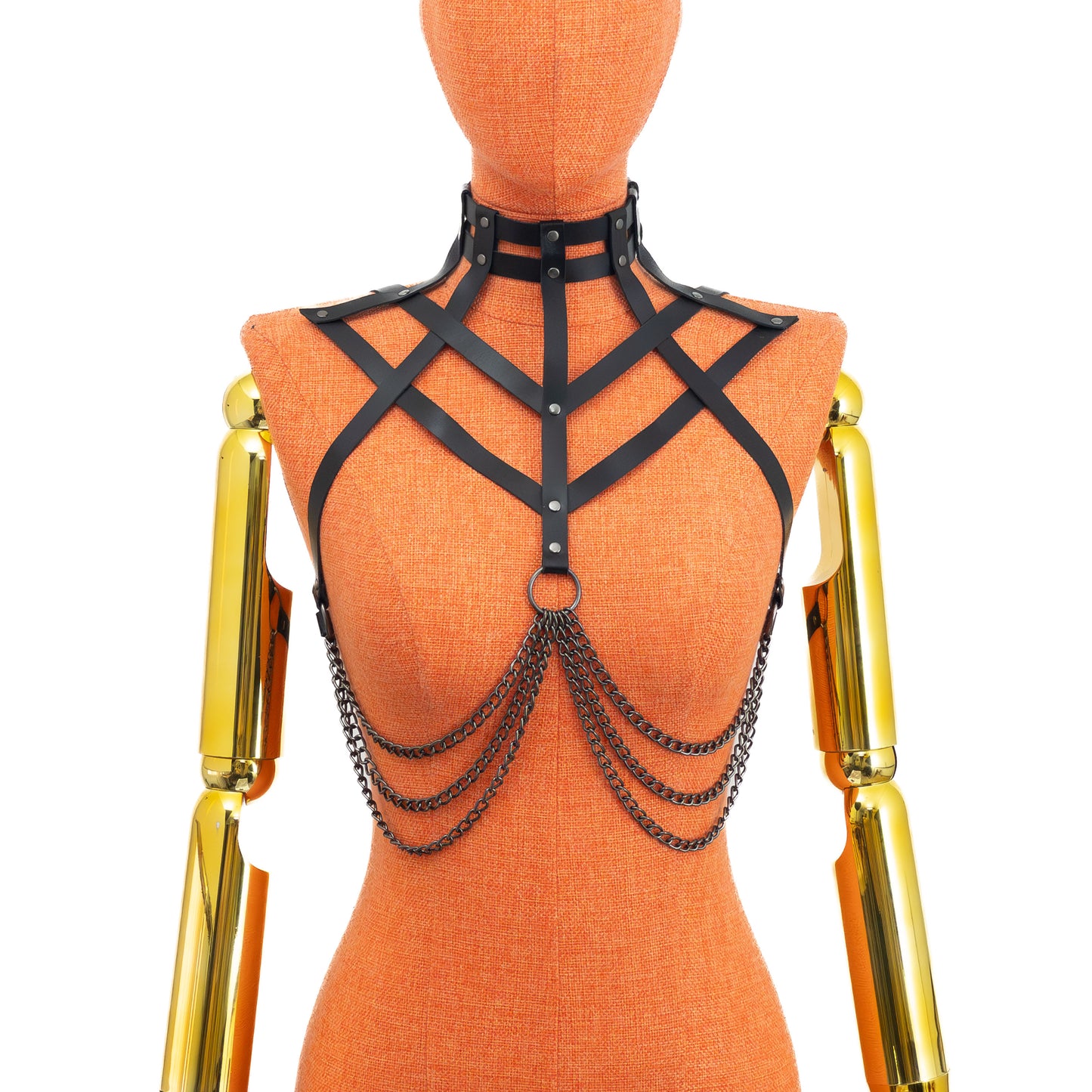 Diamond Pattern Leather Harness Choker with Underbust Chains on mannequin, angled view, black leather collar harness showing diamond strap layout and underbust chain drapes, dark nickel buckles visible at neck and back structure; strap width 5/8 inch (15 mm), leather thickness 3–4 oz (1.4–1.8 mm).
