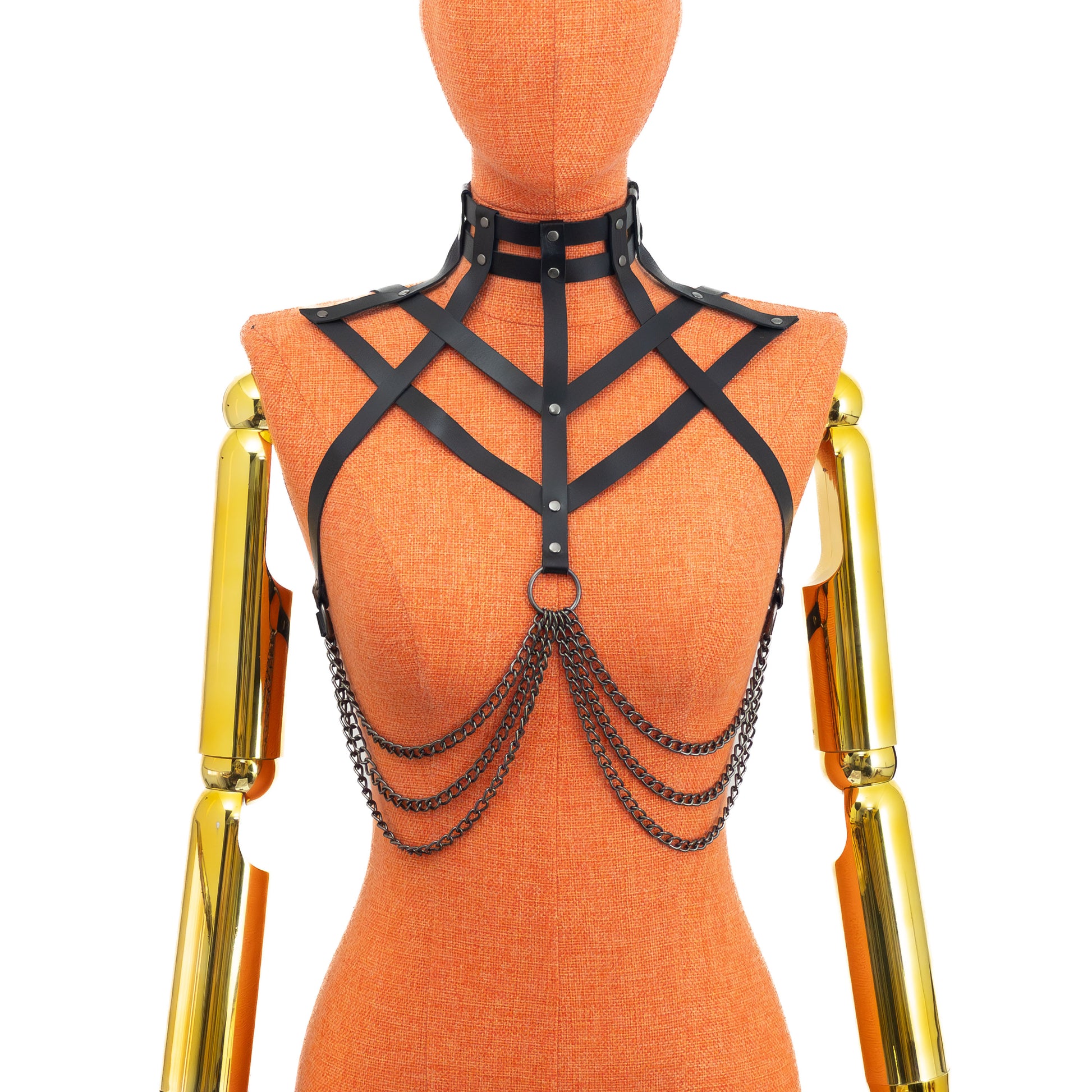 Diamond Pattern Leather Harness Choker with Underbust Chains on mannequin, angled view, black leather collar harness showing diamond strap layout and underbust chain drapes, dark nickel buckles visible at neck and back structure; strap width 5/8 inch (15 mm), leather thickness 3–4 oz (1.4–1.8 mm).