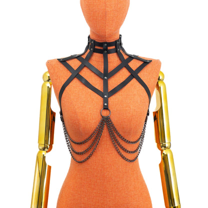 Diamond Pattern Leather Harness Choker with Underbust Chains on mannequin, angled view, black leather collar harness showing diamond strap layout and underbust chain drapes, dark nickel buckles visible at neck and back structure; strap width 5/8 inch (15 mm), leather thickness 3–4 oz (1.4–1.8 mm).