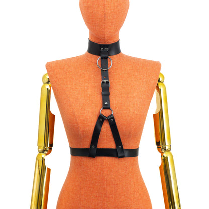 Front view on mannequin of black leather harness with wide collar, central ring at neck, adjustable vertical strap and lower ring with two straps forming loops around 1 inch waist belt; dark nickel hardware visible.