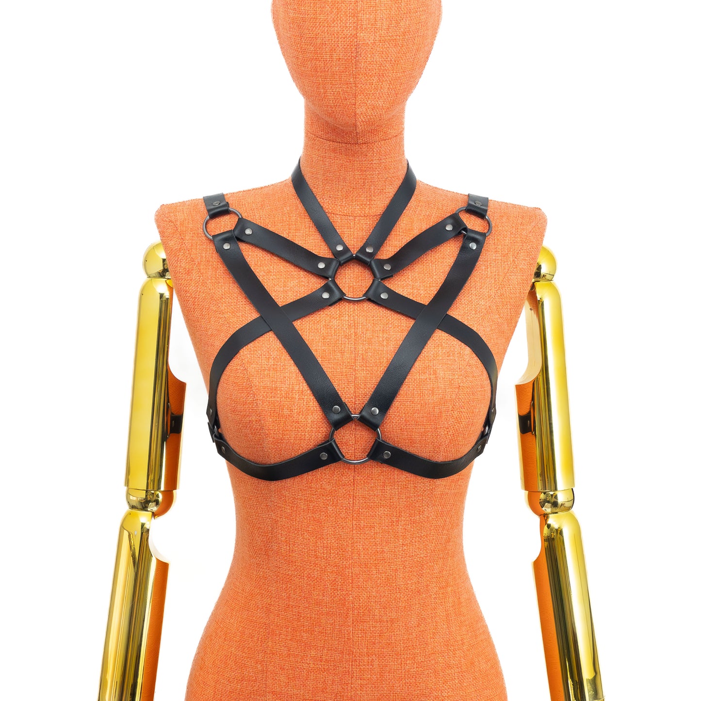 Front mannequin view without chains showing five-point strap structure with 5/8 inch (1.5 cm) choker and 3/4 inch (2 cm) body straps; black leather 1.4–1.8 mm thick, dark nickel hardware.