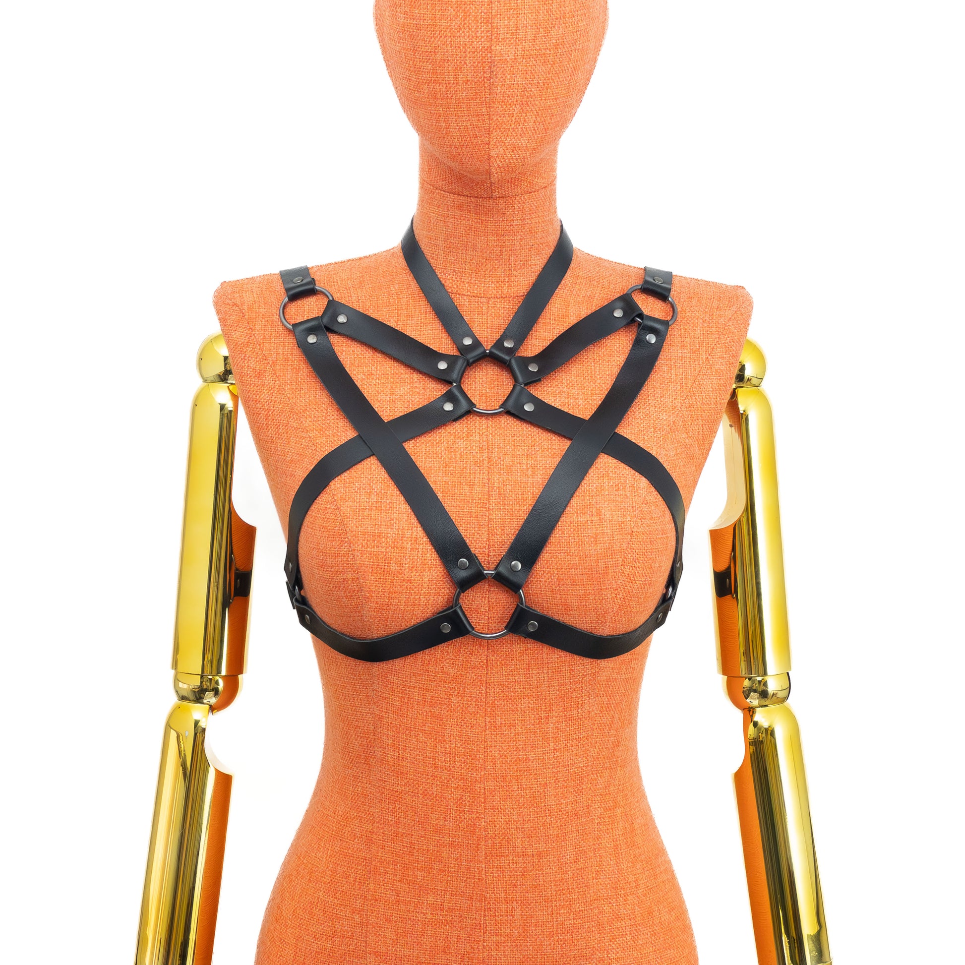 Front mannequin view without chains showing five-point strap structure with 5/8 inch (1.5 cm) choker and 3/4 inch (2 cm) body straps; black leather 1.4–1.8 mm thick, dark nickel hardware.