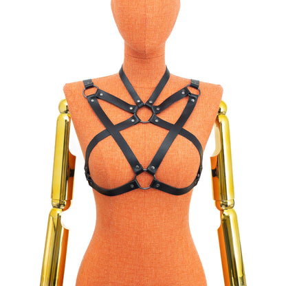 Front mannequin view without chains showing five-point strap structure with 5/8 inch (1.5 cm) choker and 3/4 inch (2 cm) body straps; black leather 1.4–1.8 mm thick, dark nickel hardware.