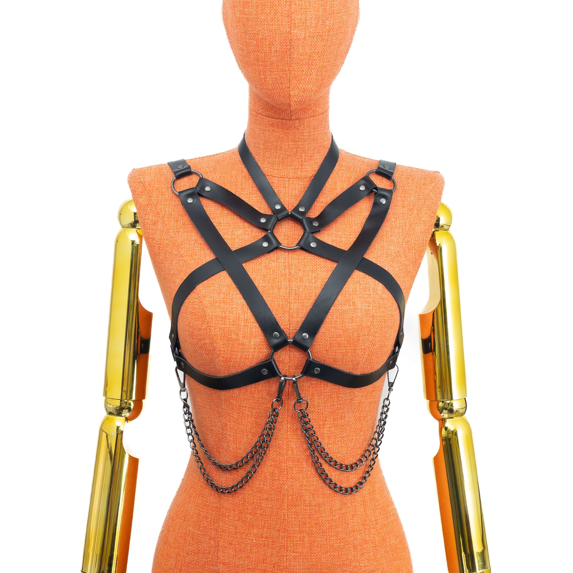Front mannequin view with removable double chains attached from lower central ring to side rings using carabiners; 5/8 inch (1.5 cm) choker and 3/4 inch (2 cm) straps; black leather 1.4–1.8 mm thick, dark nickel hardware.