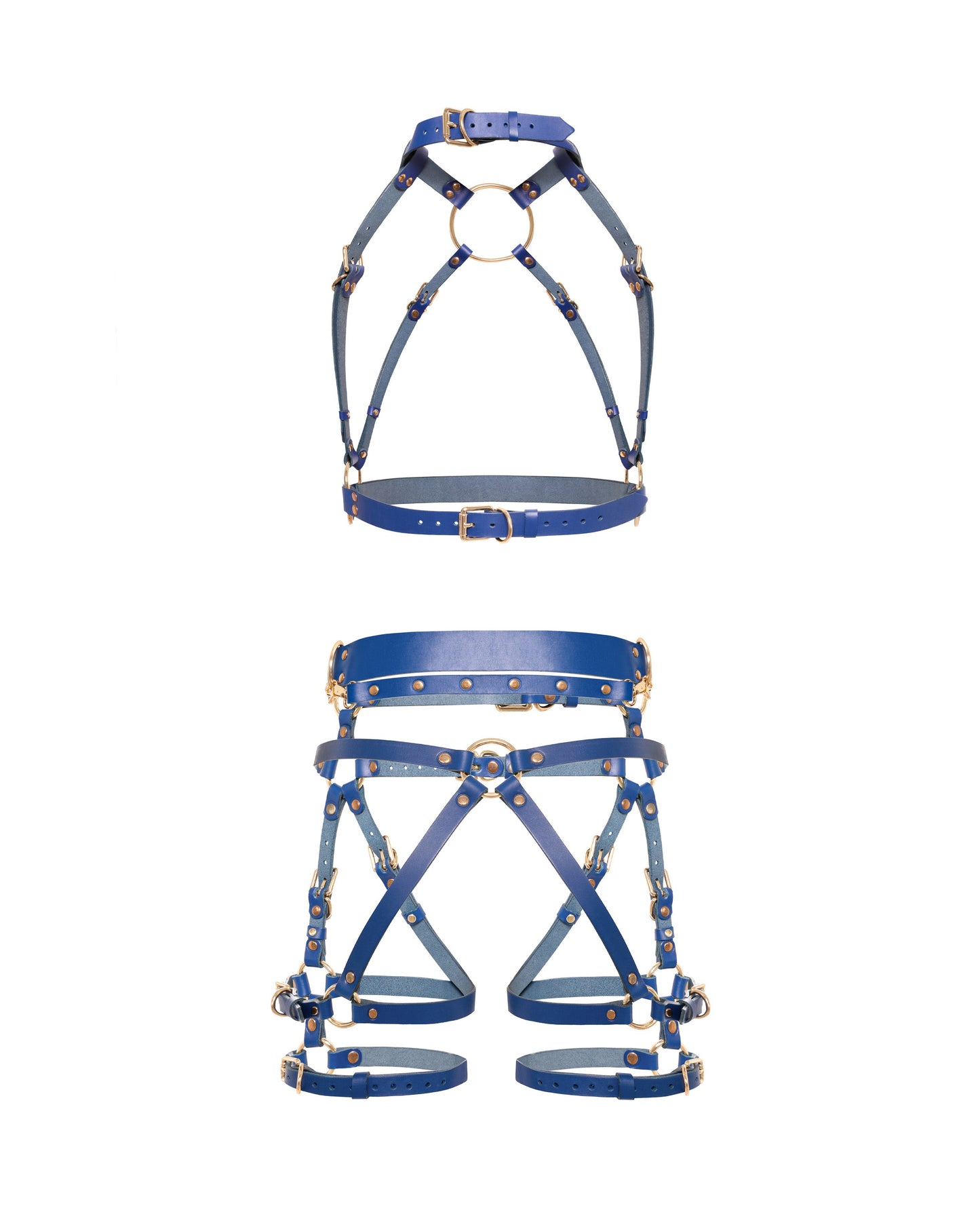Rear view of a deep blue leather full body  harness set with an open crotch garter belt, removable leather handle, diagonal back straps, thigh straps, and gold-tone metal hardware.