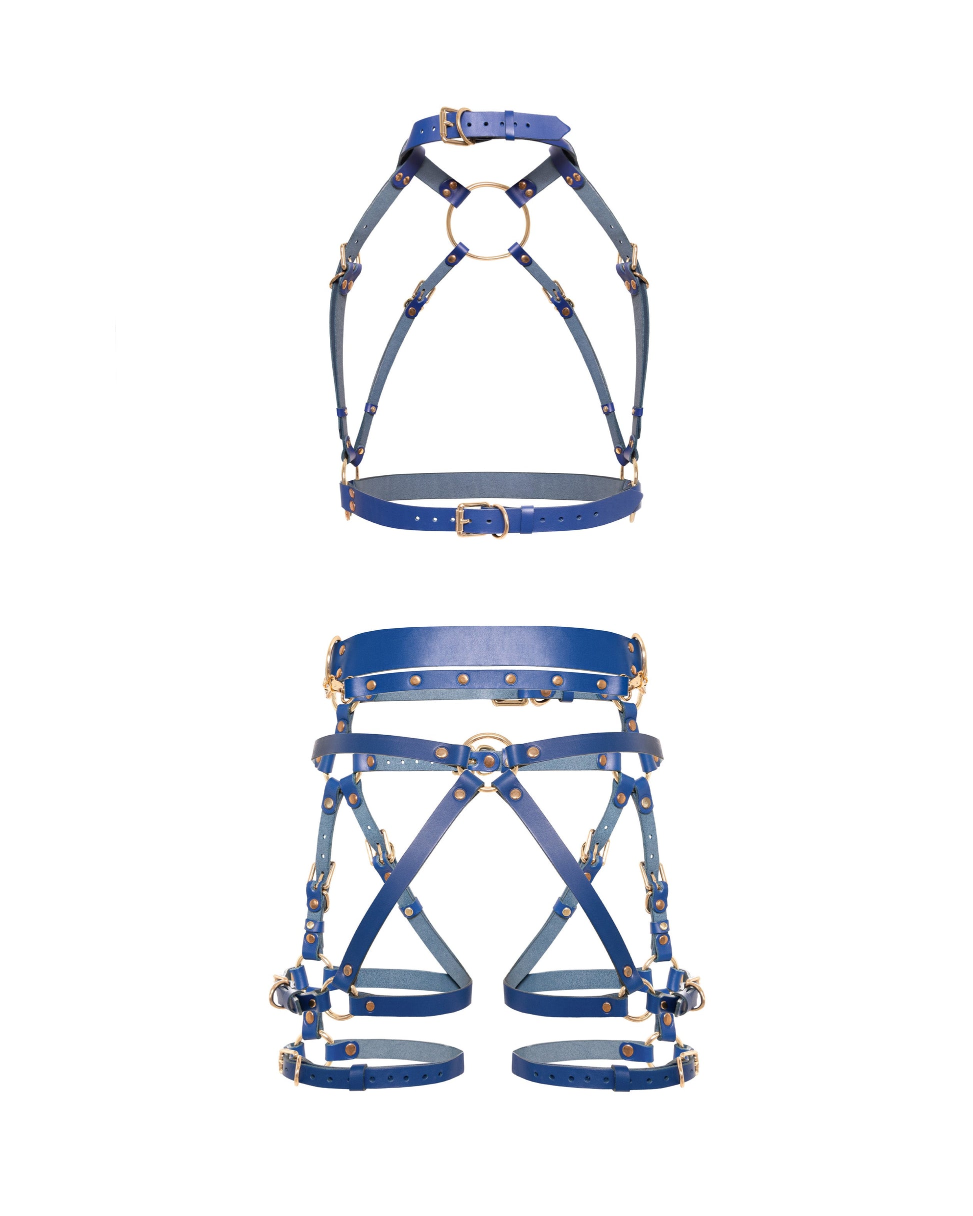 Rear view of a deep blue leather full body  harness set with an open crotch garter belt, removable leather handle, diagonal back straps, thigh straps, and gold-tone metal hardware.