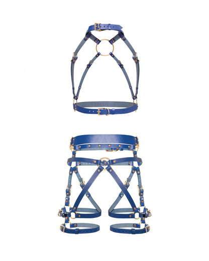 Rear view of a deep blue leather full body  harness set with an open crotch garter belt, removable leather handle, diagonal back straps, thigh straps, and gold-tone metal hardware.