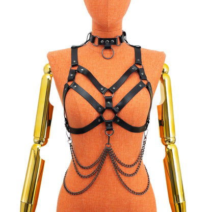 Leather Harness with Chains and Detachable O-Ring Choker on mannequin, front view, black genuine leather straps forming open bust structure, central ring and layered chain configuration; leather thickness 3–4 oz (1.4–1.8 mm), strap width 3/4 inch (20 mm).
