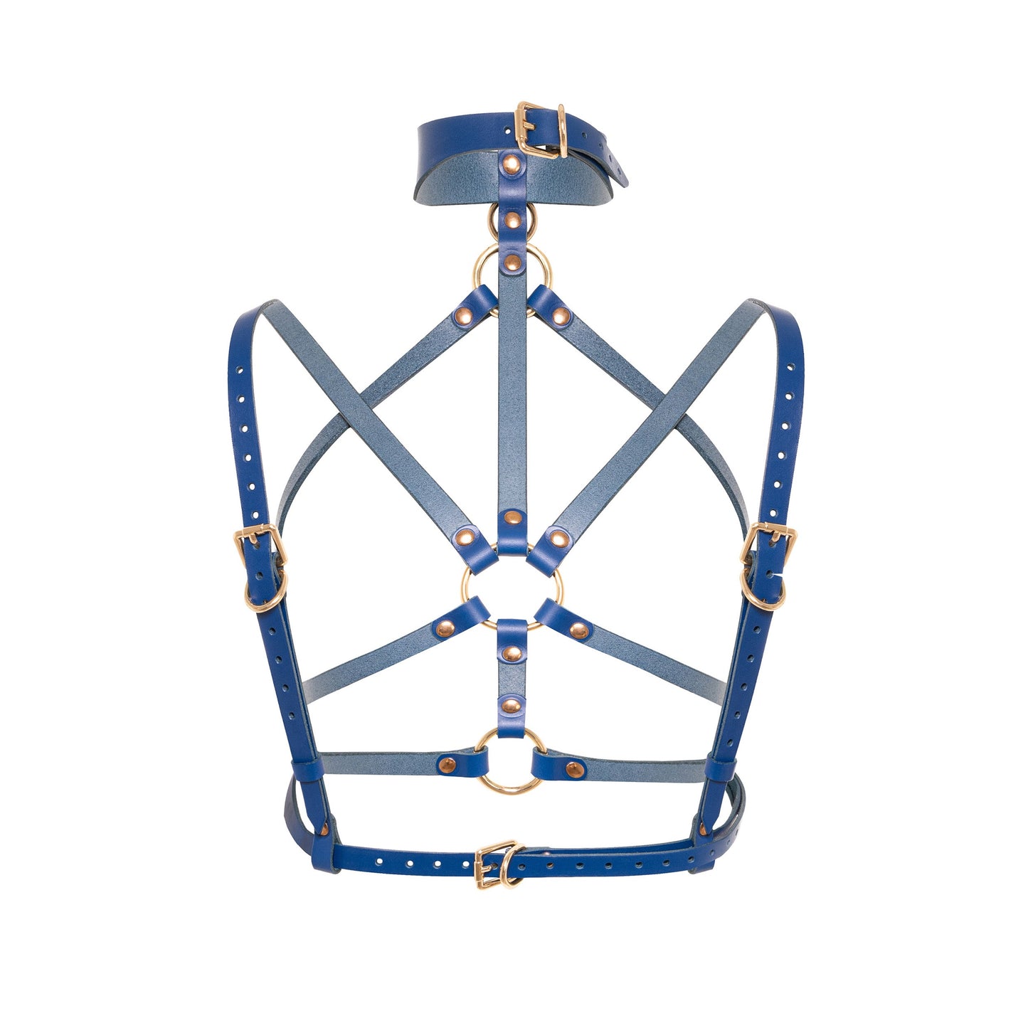 Rear view of a deep blue open woven leather chest harness with a wide wave-shaped collar, adjustable back straps, buckle fastening, thin chest straps, and gold-tone metal hardware.