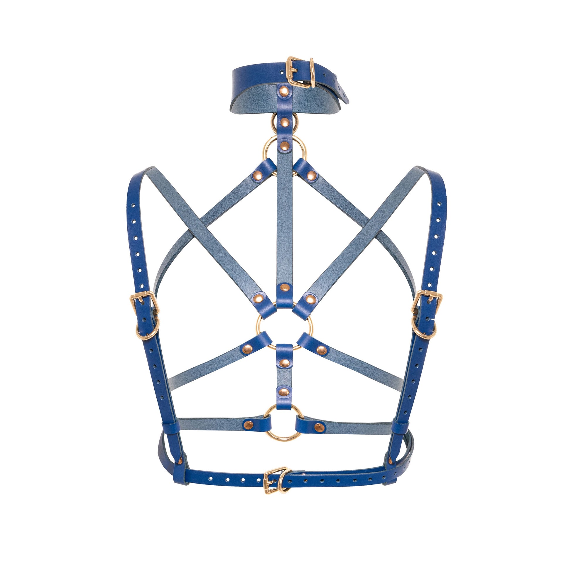 Rear view of a deep blue open woven leather chest harness with a wide wave-shaped collar, adjustable back straps, buckle fastening, thin chest straps, and gold-tone metal hardware.