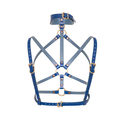 Rear view of a deep blue open woven leather chest harness with a wide wave-shaped collar, adjustable back straps, buckle fastening, thin chest straps, and gold-tone metal hardware.