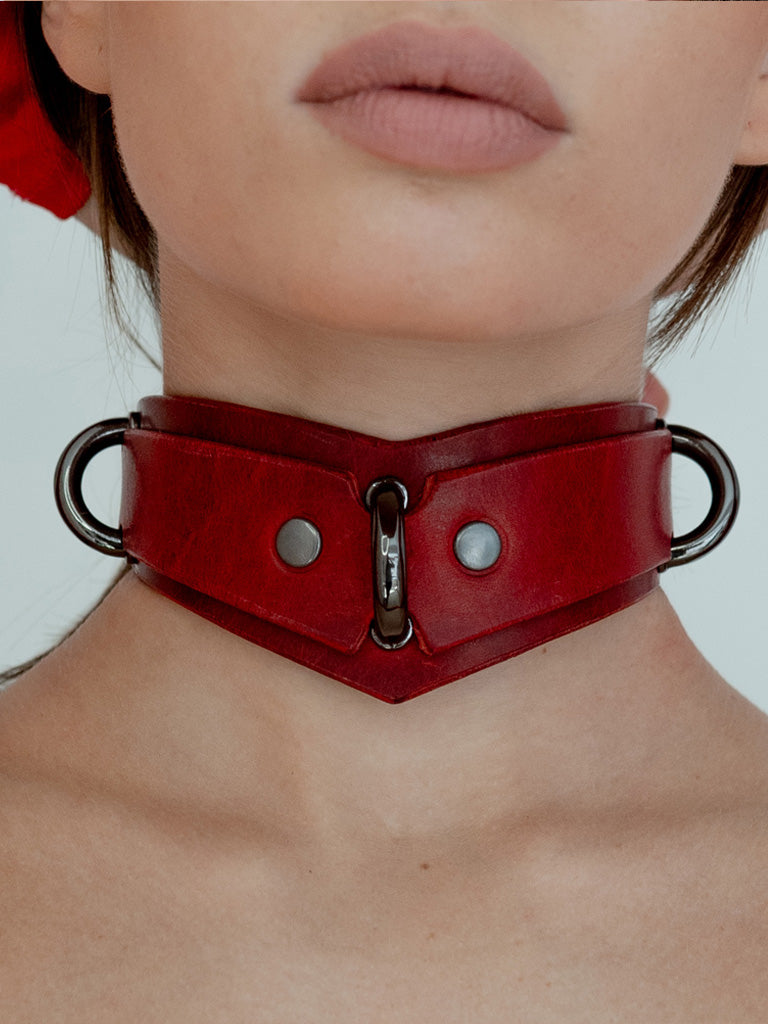 Red Leather Bondage Collar with 3 D-rings