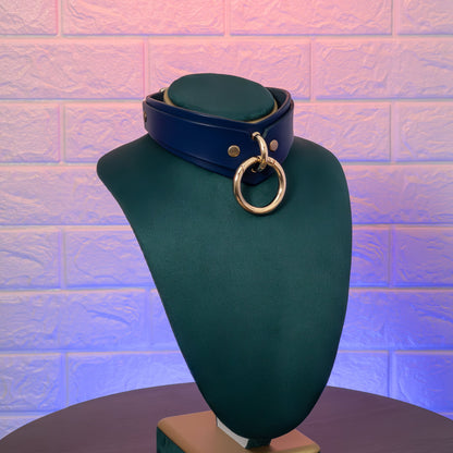 Blue leather choker with gold ring on a green mannequin against a textured purple wall.