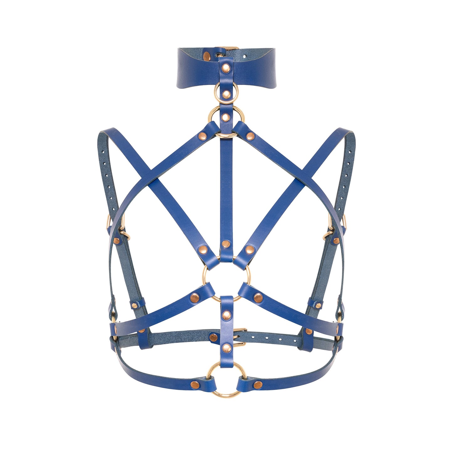 Front close-up of a deep blue open woven leather chest harness with a wide wave-shaped collar, small O-ring, center ring between the breasts, thin adjustable straps, and gold-tone metal hardware.
