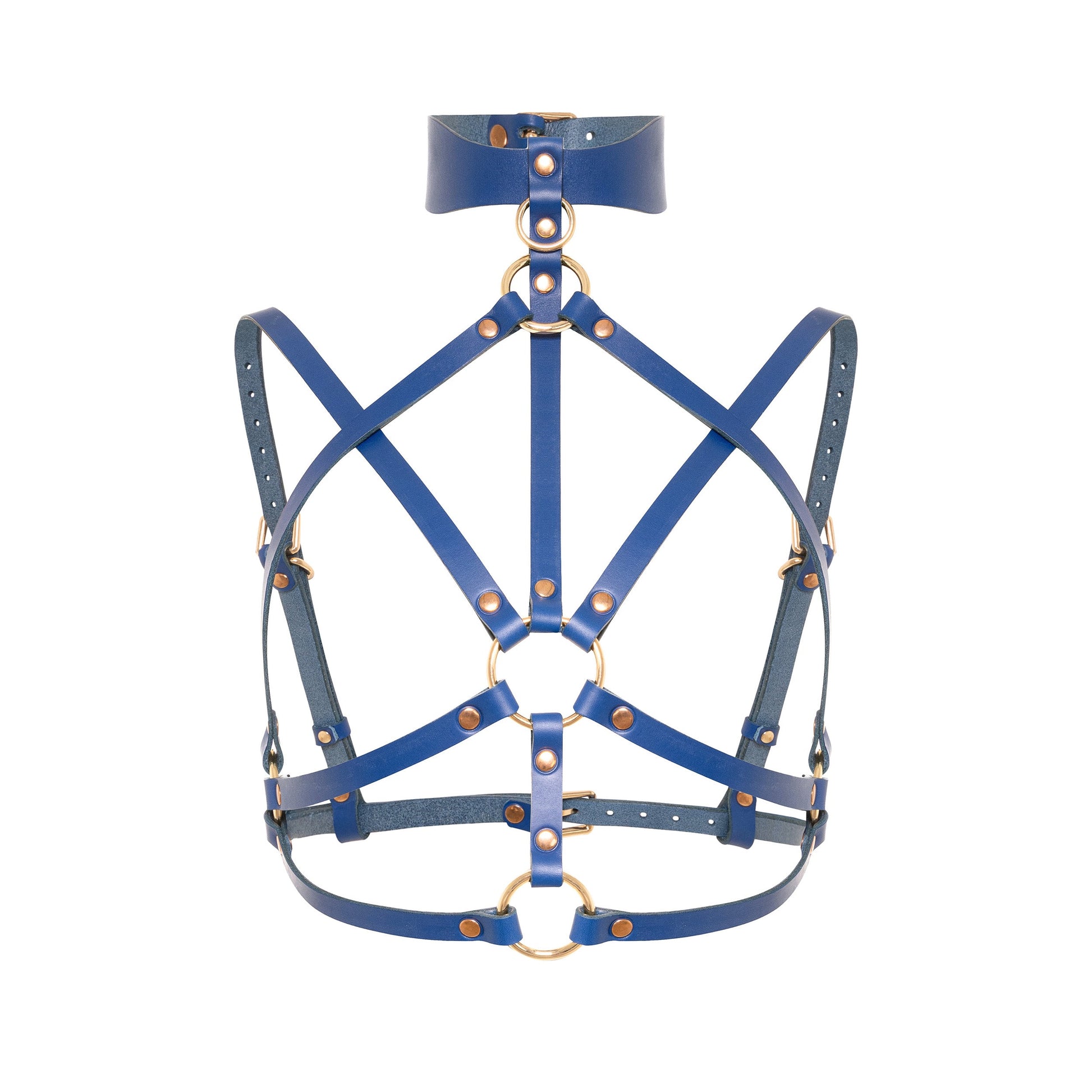 Front close-up of a deep blue open woven leather chest harness with a wide wave-shaped collar, small O-ring, center ring between the breasts, thin adjustable straps, and gold-tone metal hardware.