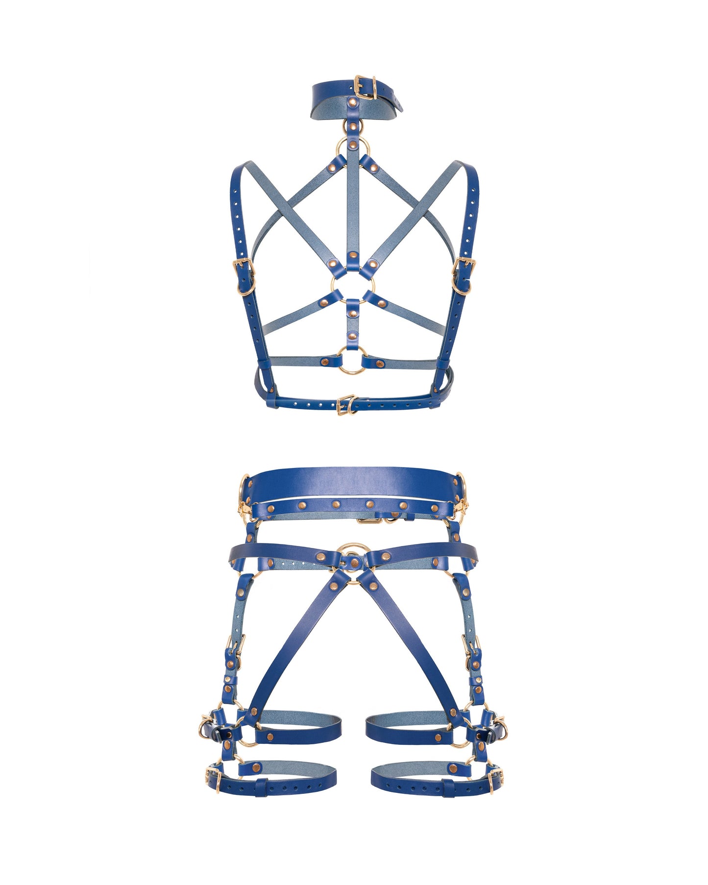 Rear view of the Torquea leather set showing the wave-shaped collar, open back construction of the chest harness, leather butt harness with a wide waist belt, adjustable hip belt, Y-shaped rear straps, double thigh straps, and side D-rings.