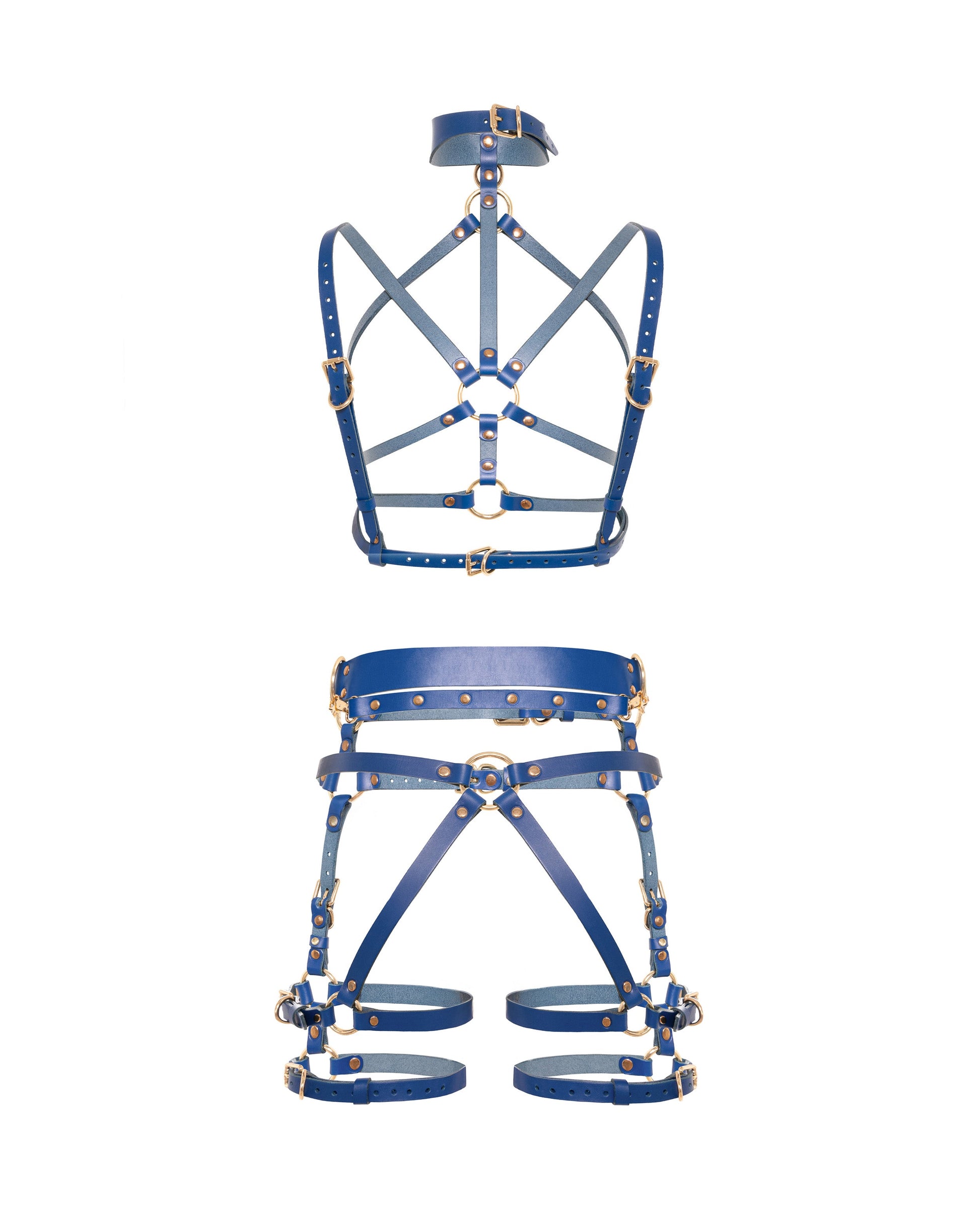 Rear view of the Torquea leather set showing the wave-shaped collar, open back construction of the chest harness, leather butt harness with a wide waist belt, adjustable hip belt, Y-shaped rear straps, double thigh straps, and side D-rings.