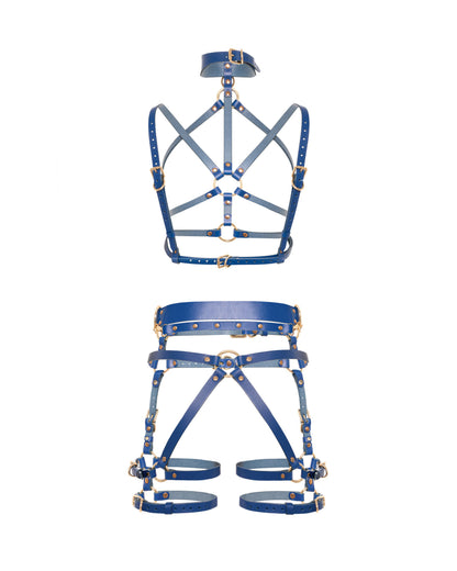 Rear view of the Torquea leather set showing the wave-shaped collar, open back construction of the chest harness, leather butt harness with a wide waist belt, adjustable hip belt, Y-shaped rear straps, double thigh straps, and side D-rings.