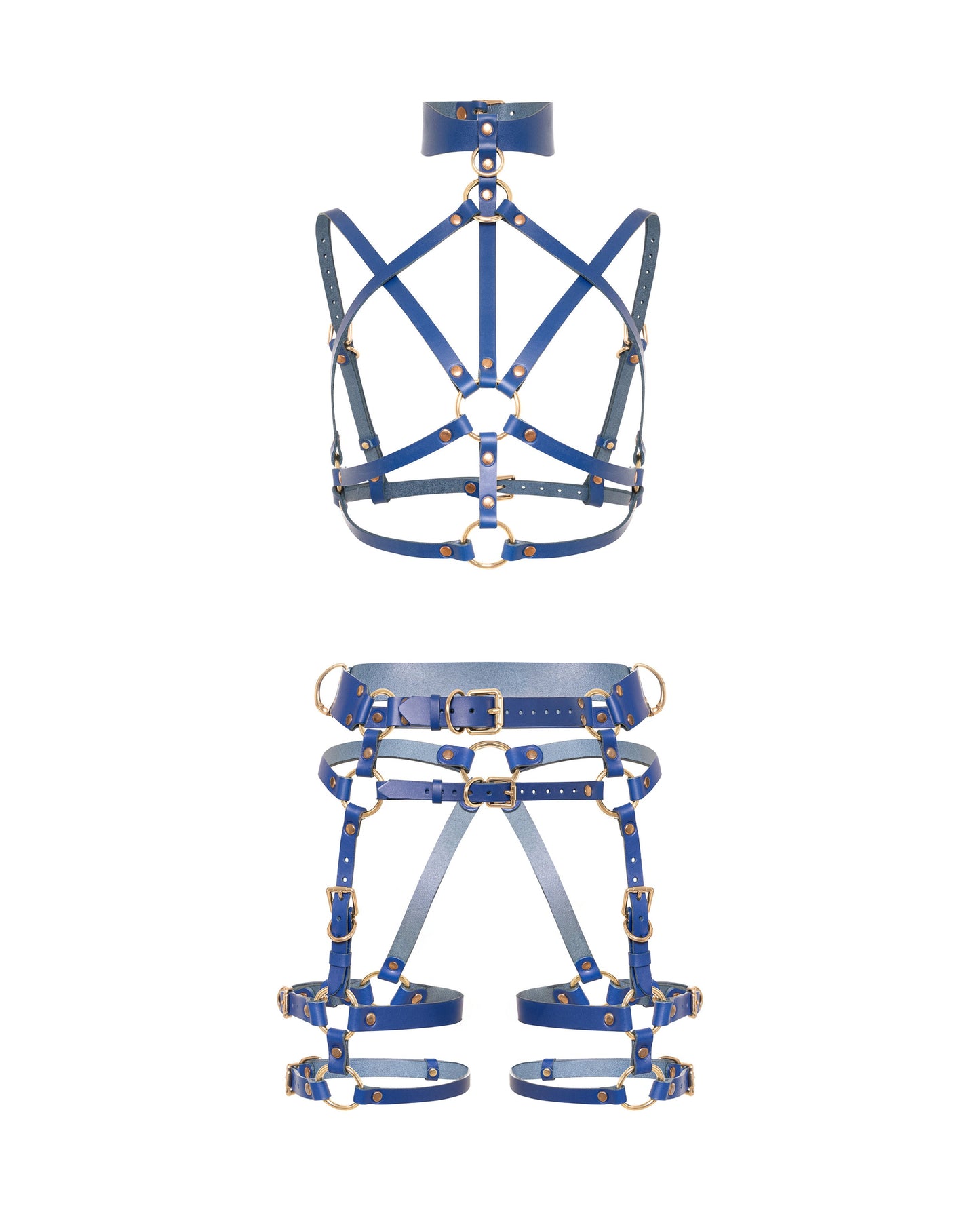 Front view of the Torquea leather set with an open interlaced chest harness, wave-shaped collar with front O-ring, leather butt harness with a wide waist belt, adjustable hip belt, rear support straps, double thigh straps, and side D-rings.