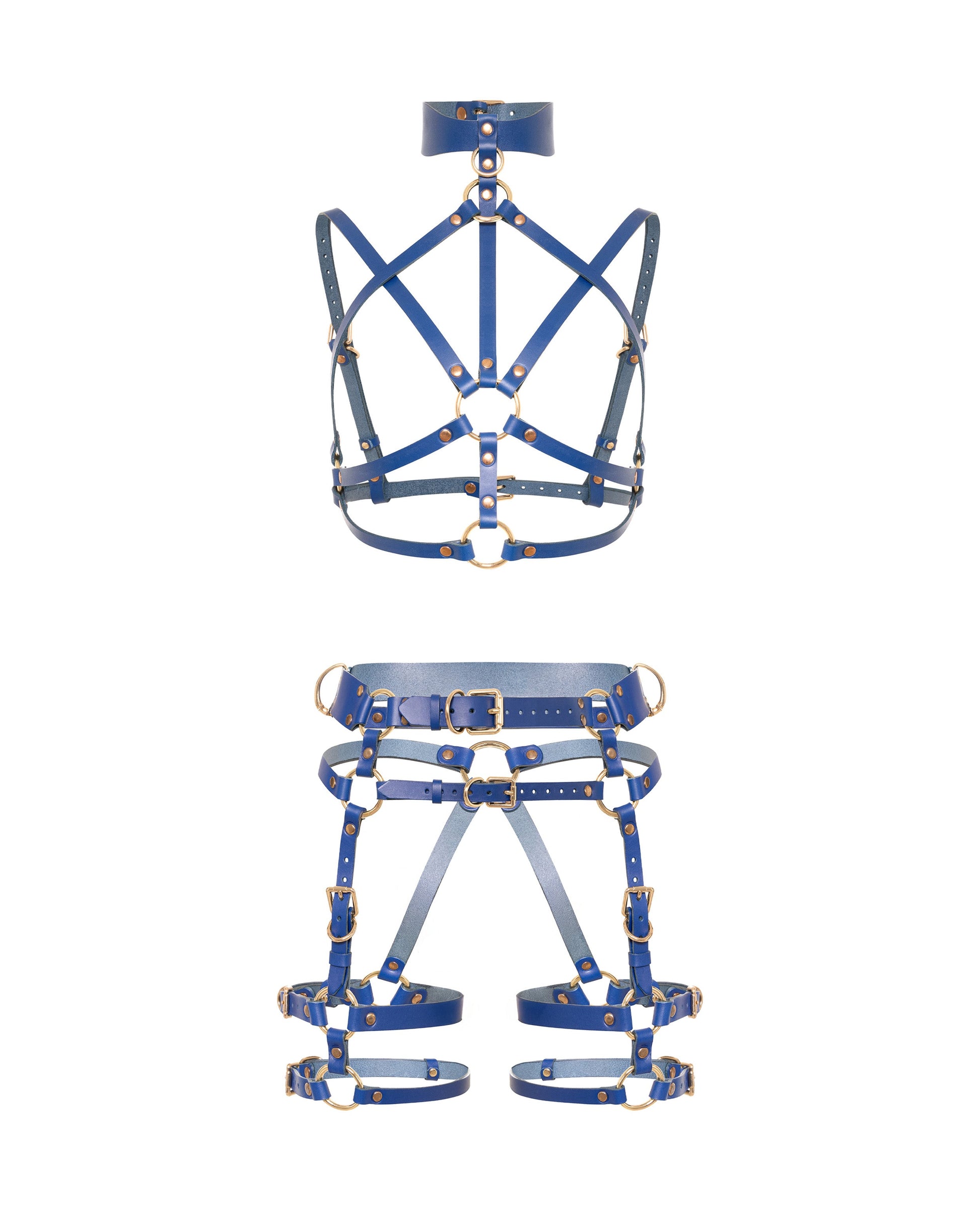 Front view of the Torquea leather set with an open interlaced chest harness, wave-shaped collar with front O-ring, leather butt harness with a wide waist belt, adjustable hip belt, rear support straps, double thigh straps, and side D-rings.
