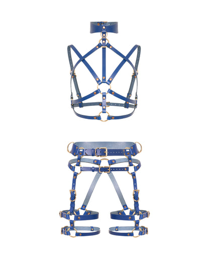 Front view of the Torquea leather set with an open interlaced chest harness, wave-shaped collar with front O-ring, leather butt harness with a wide waist belt, adjustable hip belt, rear support straps, double thigh straps, and side D-rings.