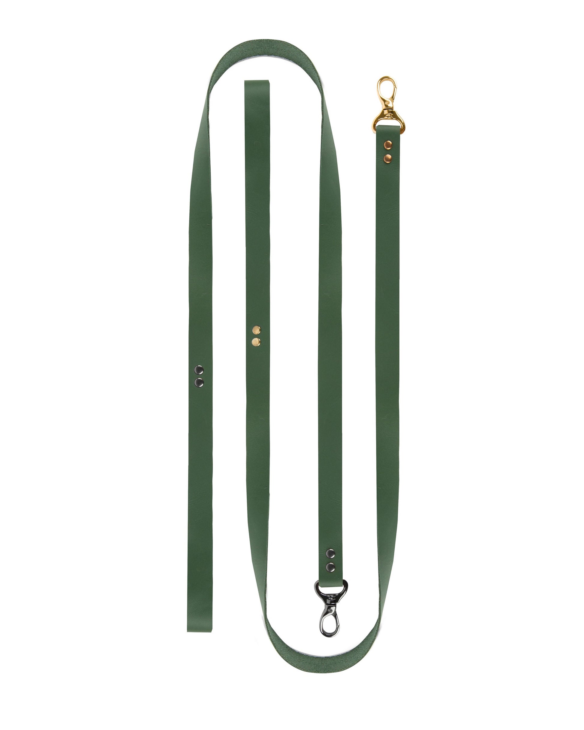 BDSM full leather leash on a white background made from a single solid green leather strap, 100 cm (39.37 in) length, 2 cm (0.79 in) width, 1.4–1.8 mm (0.06–0.07 in) thickness, product laid flat showing the entire leather construction.