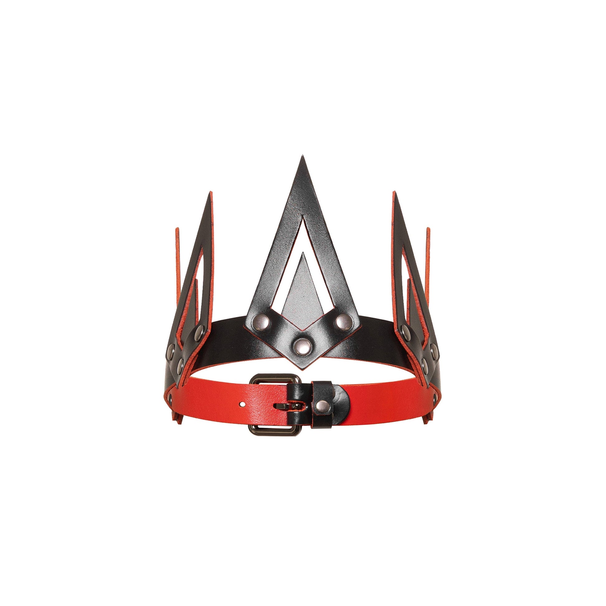 Close view of a leather cone crown with five pointed cone elements, a wide adjustable base strap, black leather with red edges, and dark nickel hardware.
