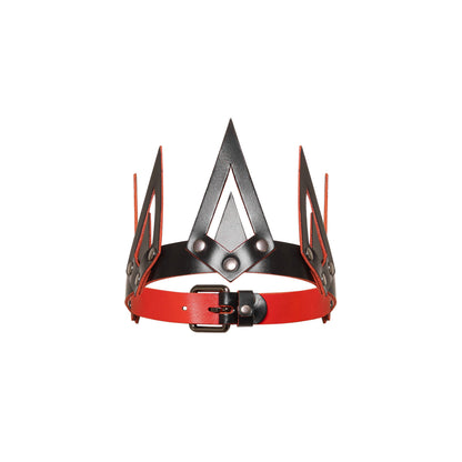 Close view of a leather cone crown with five pointed cone elements, a wide adjustable base strap, black leather with red edges, and dark nickel hardware.