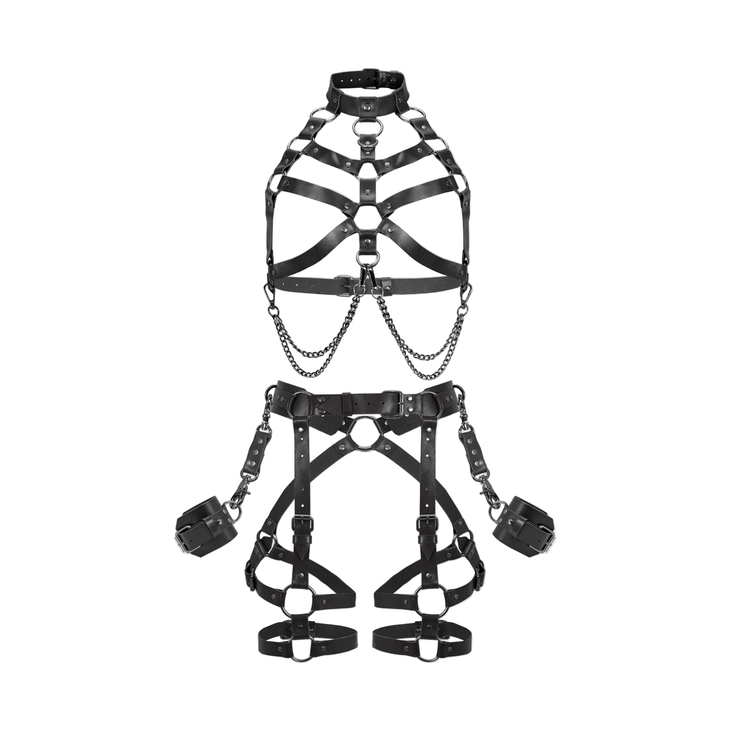 Black leather bondage harness set with silver metal hardware, including a collar harness with hanging chains and matching restraint harness with leg loops and wrist cuffs, shown on a plain white background.