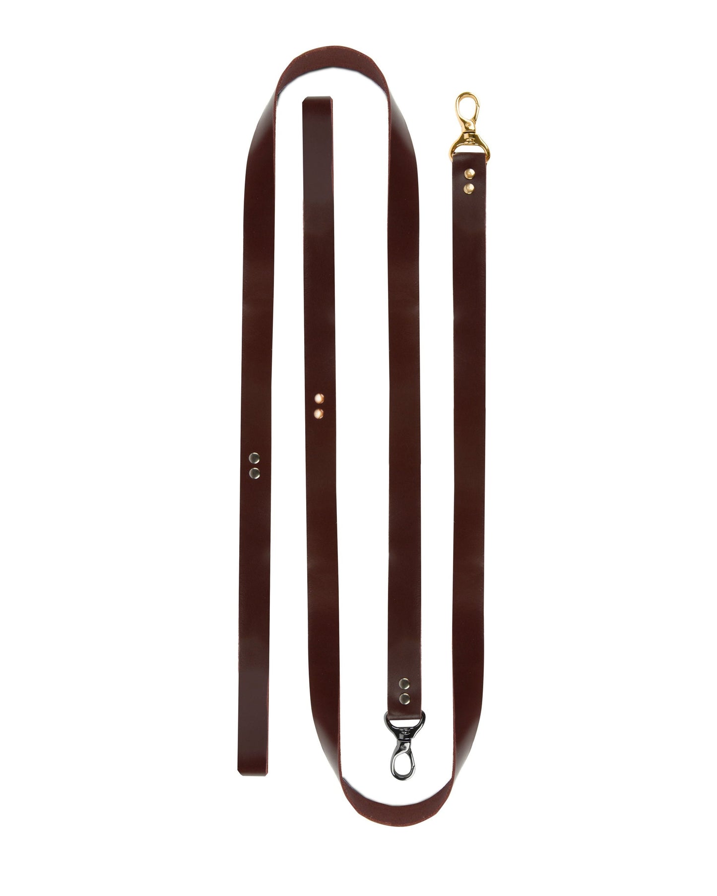 BDSM full leather leash on a white background made from a single solid marsala leather strap, 100 cm (39.37 in) length, 2 cm (0.79 in) width, 1.4–1.8 mm (0.06–0.07 in) thickness, shown laid flat with smooth leather surface visible.
