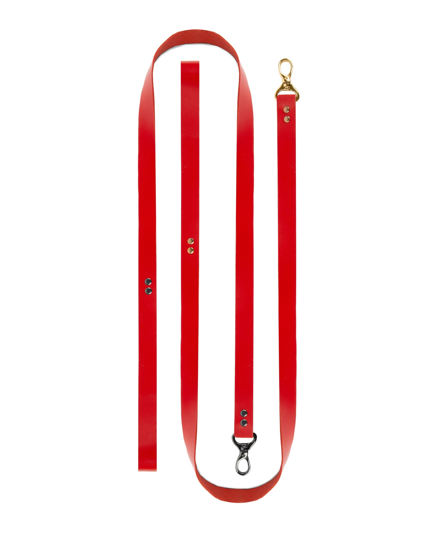 BDSM full leather leash on a white background made from a single solid red leather strap, 100 cm (39.37 in) length, 2 cm (0.79 in) width, 1.4–1.8 mm (0.06–0.07 in) thickness, product displayed flat to show full length.
