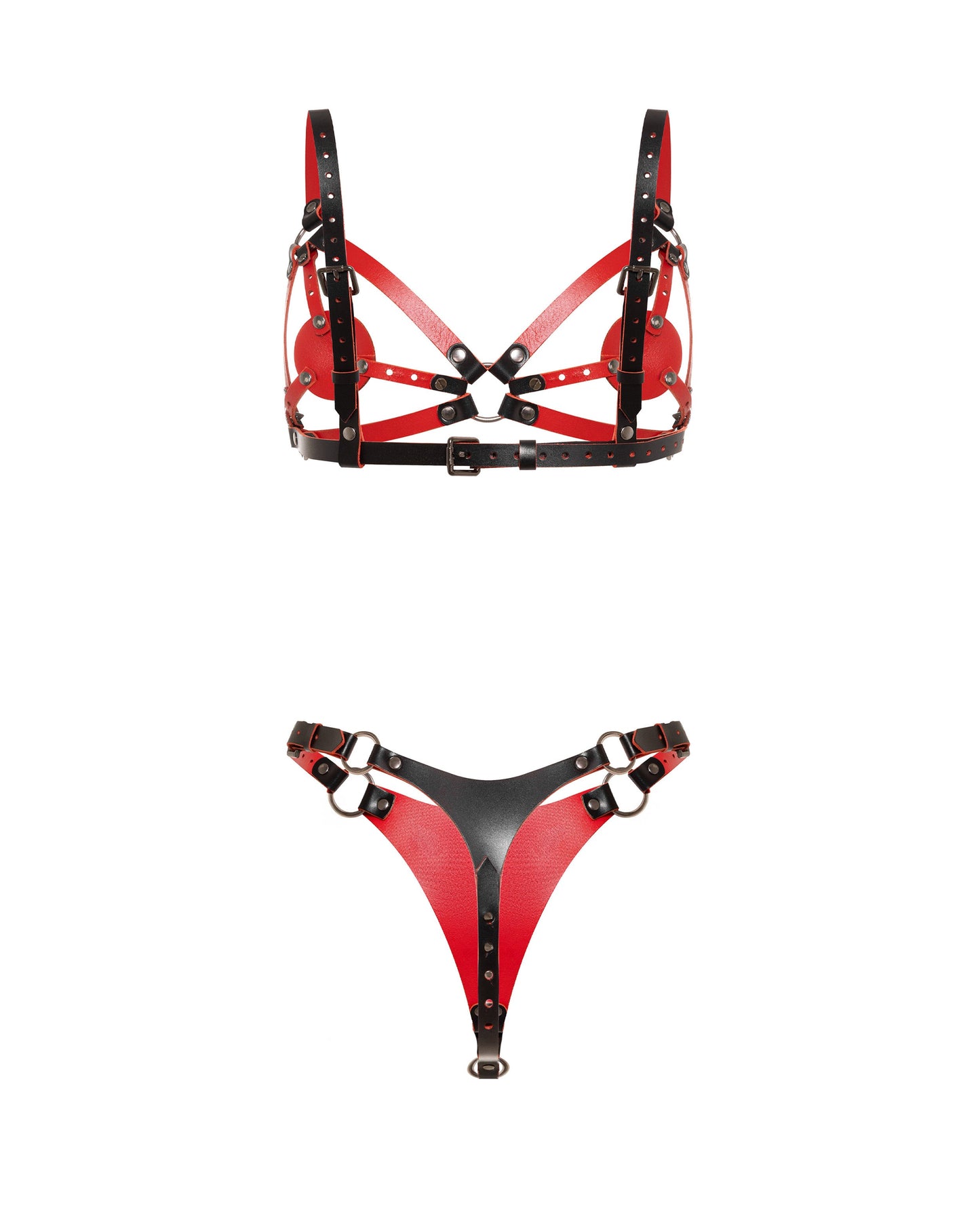 Rear view of the Tempta contour lingerie set. The leather contour bra has adjustable shoulder straps, a back strap, and an underbust strap with buckle closures. The leather thong has a smaller rear leather panel, adjustable side waist straps, buckle closures, and metal rings.