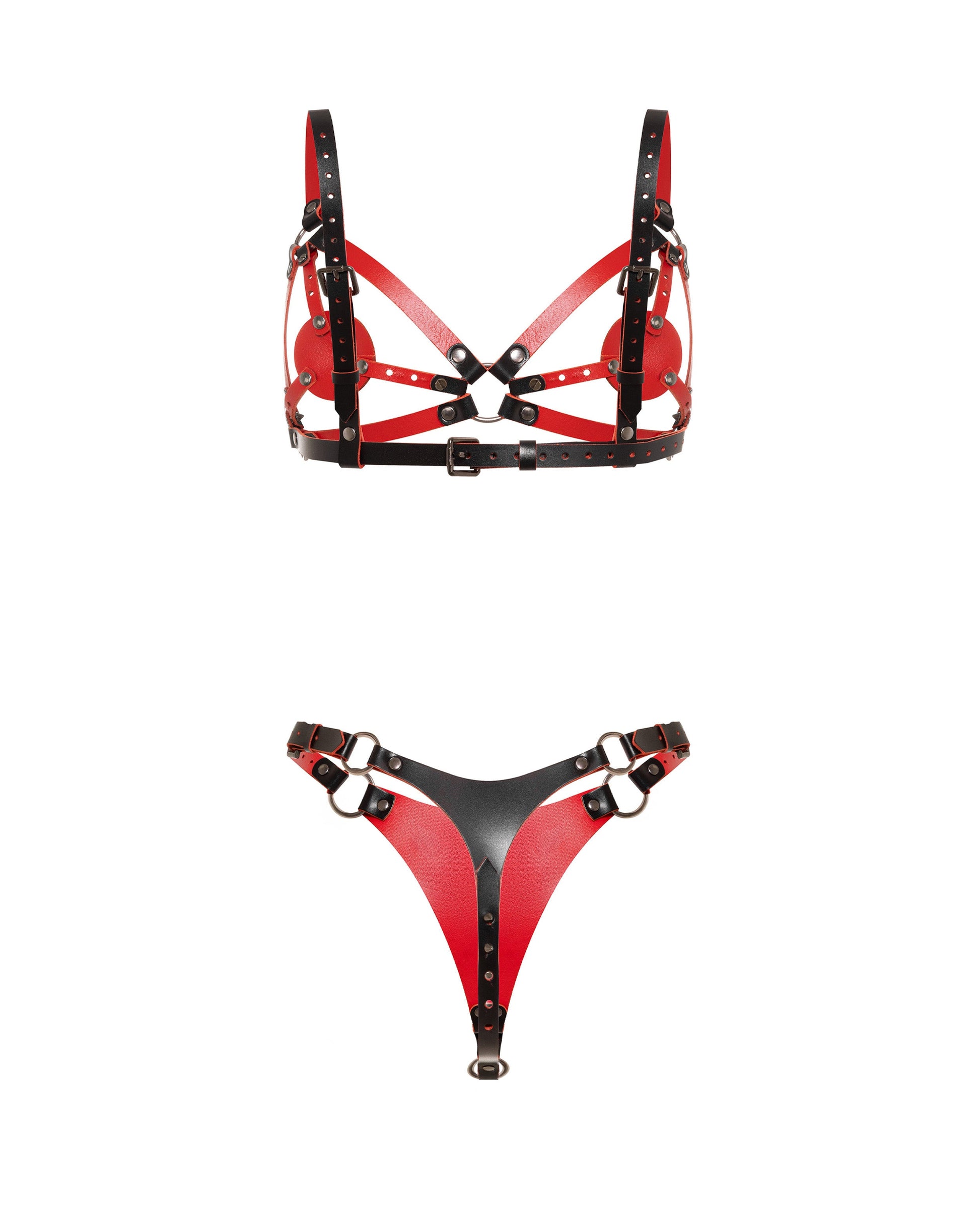Rear view of the Tempta contour lingerie set. The leather contour bra has adjustable shoulder straps, a back strap, and an underbust strap with buckle closures. The leather thong has a smaller rear leather panel, adjustable side waist straps, buckle closures, and metal rings.