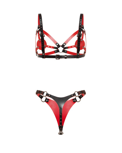 Rear view of the Tempta contour lingerie set. The leather contour bra has adjustable shoulder straps, a back strap, and an underbust strap with buckle closures. The leather thong has a smaller rear leather panel, adjustable side waist straps, buckle closures, and metal rings.