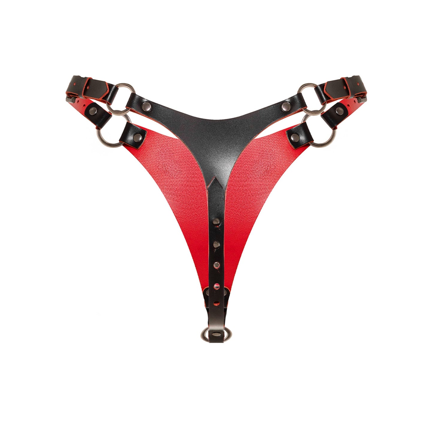 Rear view of the leather thong. The thong consists of a smaller rear leather panel, an adjustable center strap, two side waist straps with buckle adjustment, and metal rings on both sides.