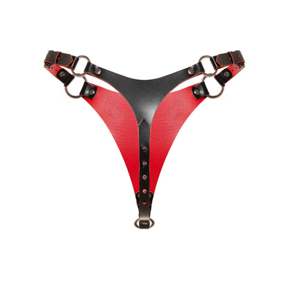 Rear view of the leather thong. The thong consists of a smaller rear leather panel, an adjustable center strap, two side waist straps with buckle adjustment, and metal rings on both sides.