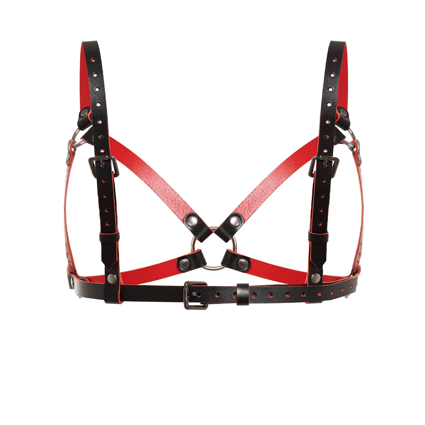 Rear view of a leather open bra in black and red genuine leather. The bra features crossed leather straps connected to a center O-ring, adjustable shoulder straps, side straps, and a buckle-adjusted back band.