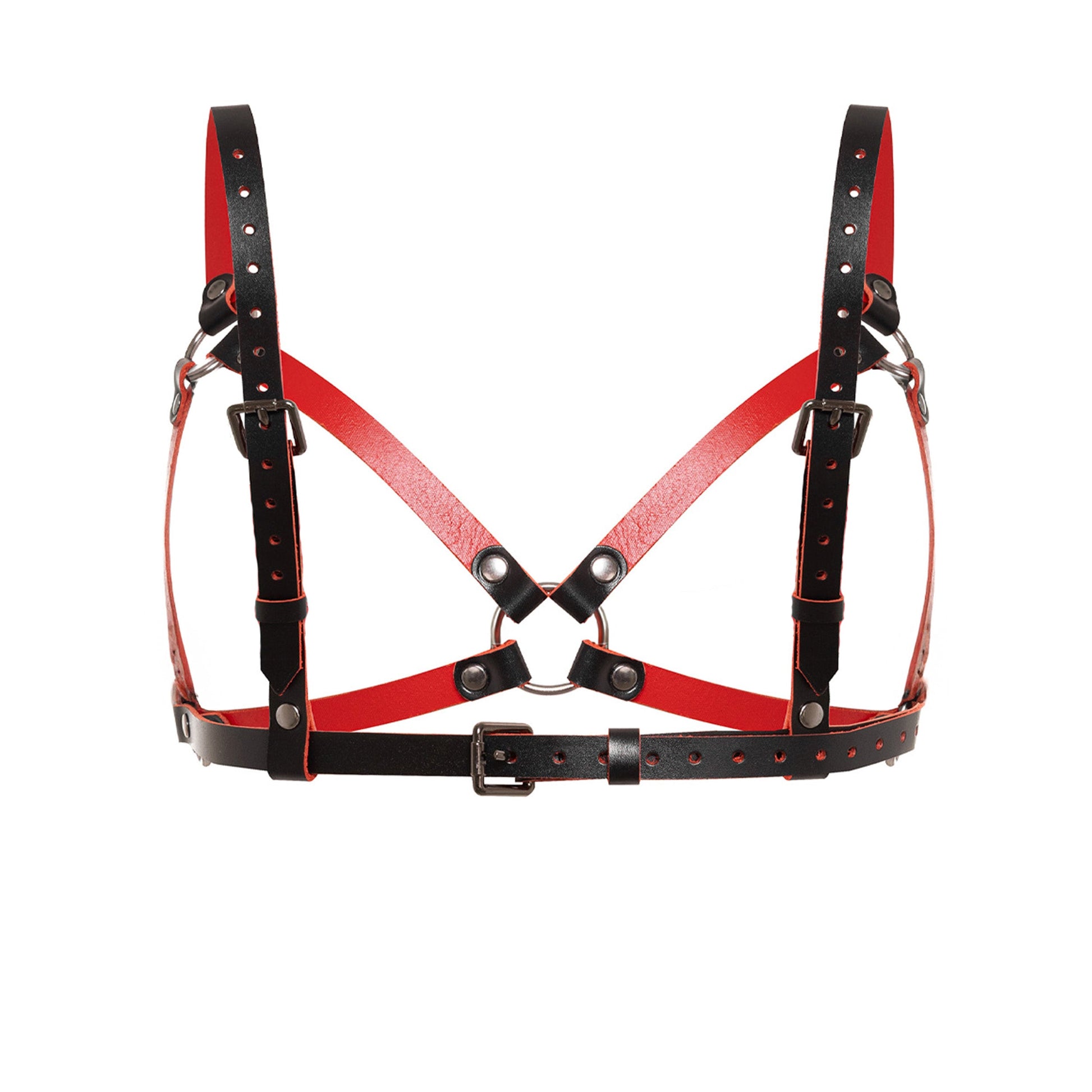 Rear view of a leather open bra in black and red genuine leather. The bra features crossed leather straps connected to a center O-ring, adjustable shoulder straps, side straps, and a buckle-adjusted back band.