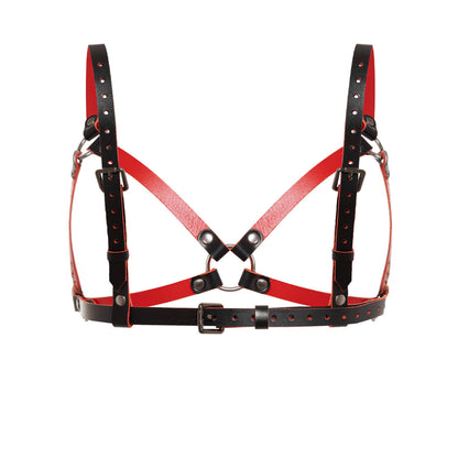Rear view of a leather open bra in black and red genuine leather. The bra features crossed leather straps connected to a center O-ring, adjustable shoulder straps, side straps, and a buckle-adjusted back band.