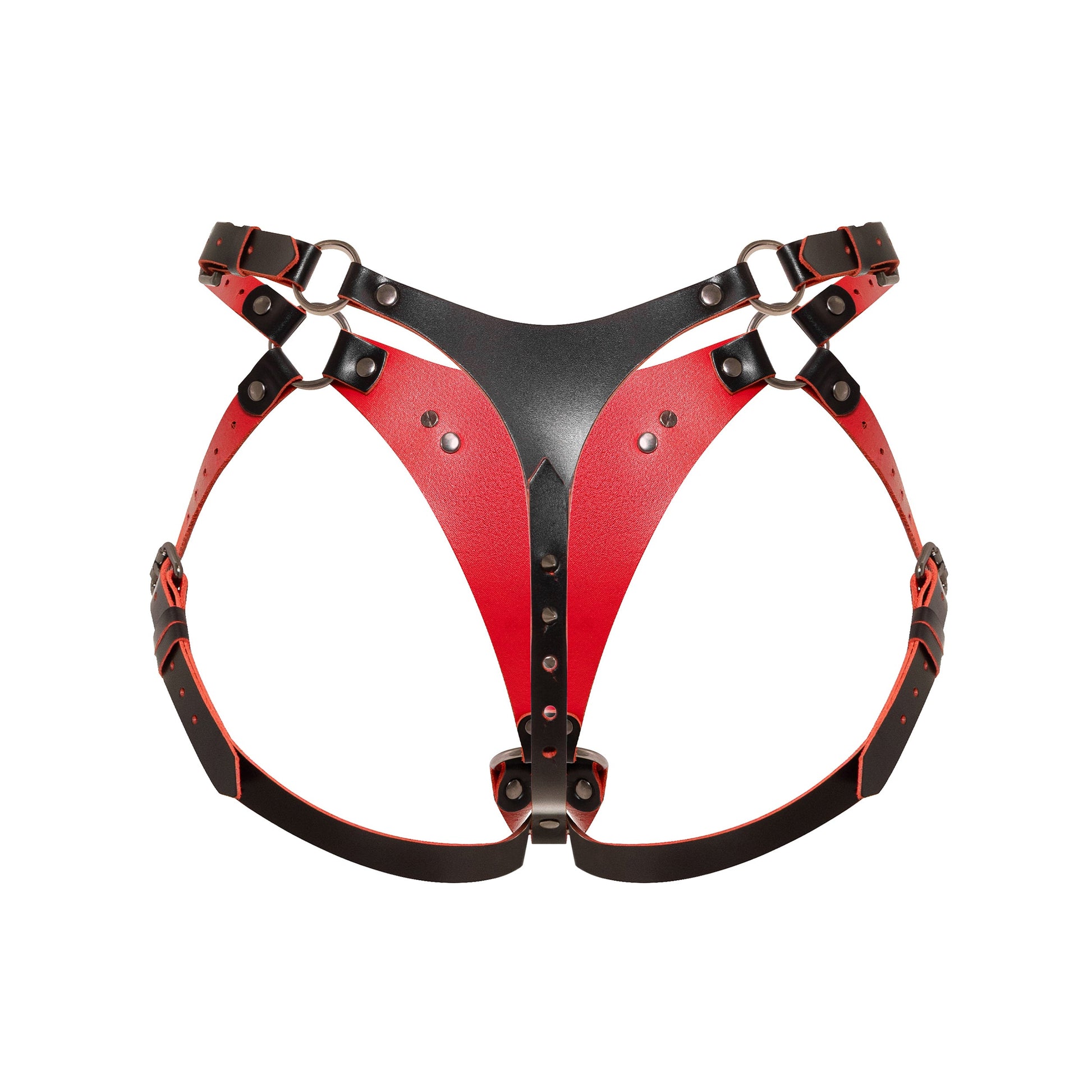 Back view of an adjustable strap-on harness with a thong-style rear construction, adjustable leather straps, round metal rings, black leather with red edges, and dark nickel hardware.