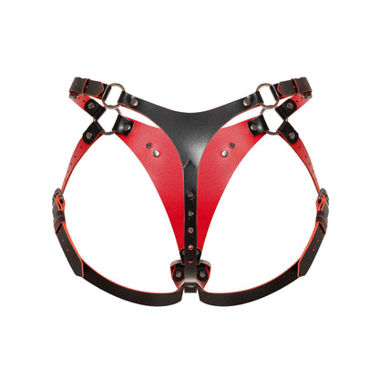 Back view of an adjustable strap-on harness with a thong-style rear construction, adjustable leather straps, round metal rings, black leather with red edges, and dark nickel hardware.