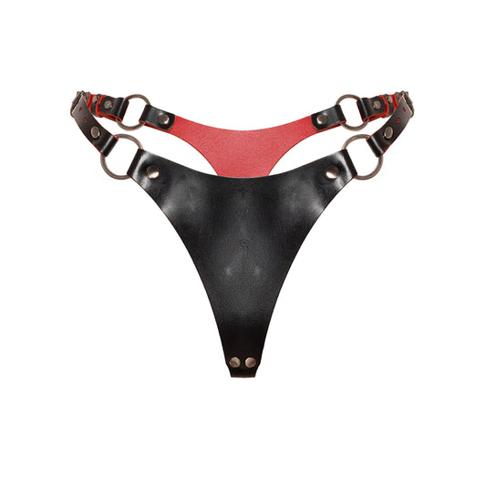 Front view of a leather open bra in black and red genuine leather. The bra features an open construction with 5/8 inch (1.5 cm) and 3/4 inch (2 cm) leather straps, an O-ring center connector, adjustable shoulder straps, side straps, and a buckle-adjusted back band.